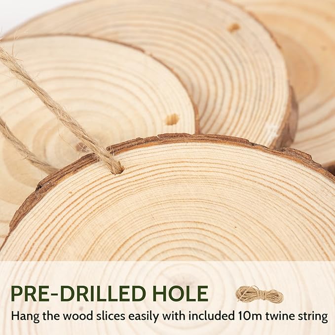 Falling in Art 3.1-4 Inches Natural Wood Slices Set for Crafts - 25Pcs Round Wood Discs with Pre-drilled Hole for DIY Projects, Christmas Ornaments and Wedding Decoration