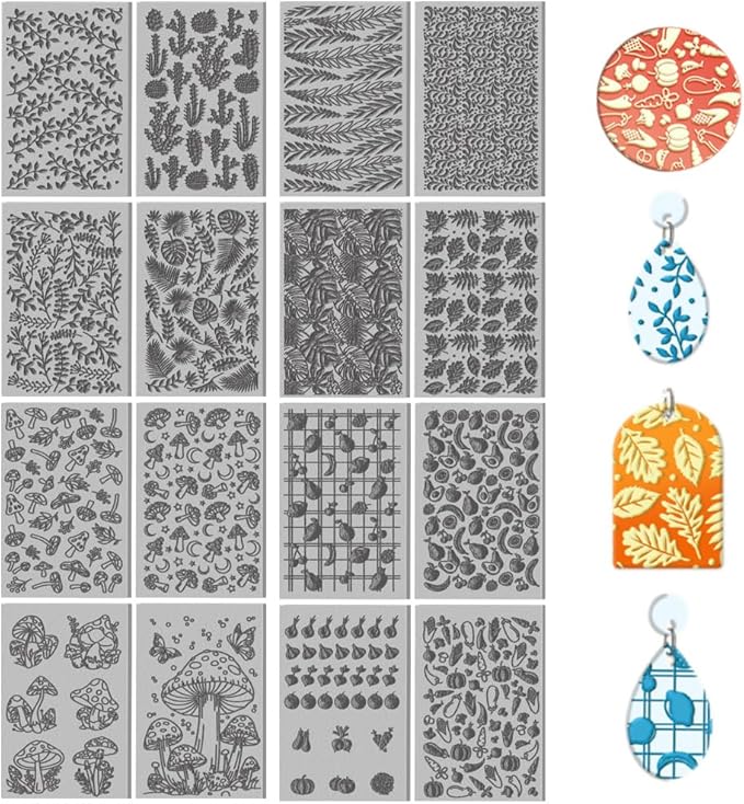 CHGCRAFT 16 Sheets Banana and Apple Clay Texture Mat Mushroom Pattern Polymer Clay Texture Sheets DIY Tools for Pottery Earring Jewelry Making Stamp Engraving Machines, 4x2.6inch