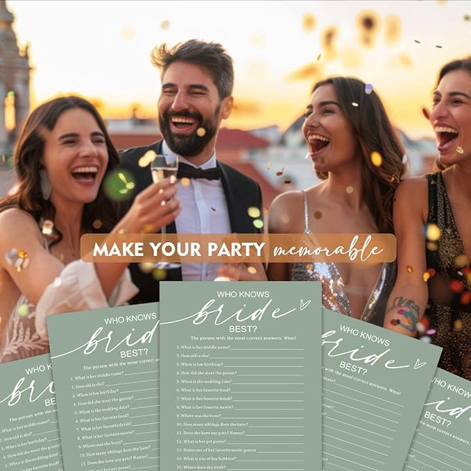 Bridal Shower Games Cards, 25 Guests, Modern, Green, Educational, Adult, Manual, English, 5 x 7 inches