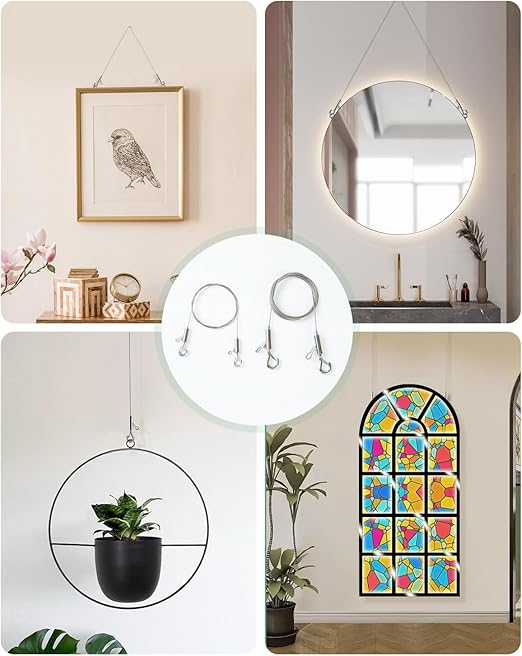 4PCS Adjustable Picture Hanging Wire 1m x 1mm Small Hooks, Picture Frame Wire Kit Heavy Duty 50lbs, Stainless Steel for Art, Mirror, Light Lamp, Billboards, Basket Flowerpot