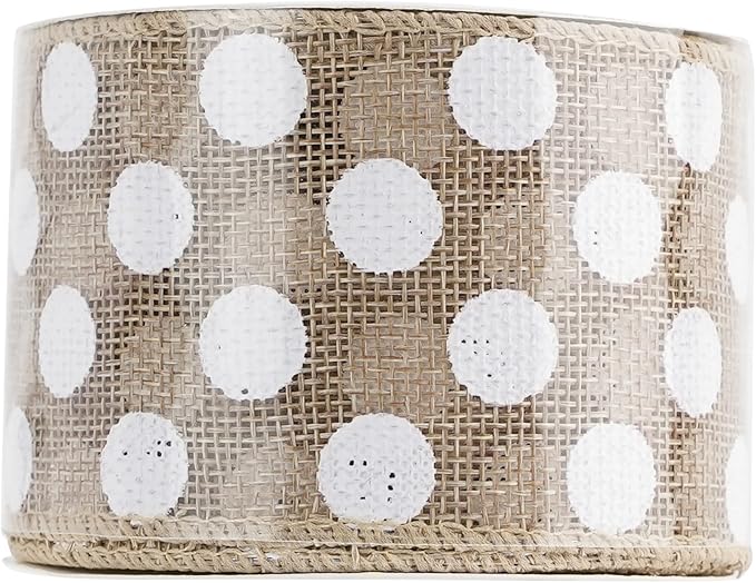 MEEDEE Burlap Ribbon with White Polka Dots - 2.5 Inch Natural Linen Wire Edge Craft Ribbon for Baby Shower, Beach, Farmhouse Gift Basket, 10 Yards