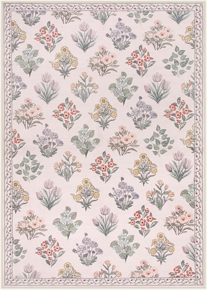 Wonnitar Pink Rugs for Bedroom Girls Nursery, Washable 5x7 Floral Rug, Boho Ultra-Thin Non Slip Soft Indoor Decor Carpet for Kids Room Playroom Living Room Dorm, Pale Pink