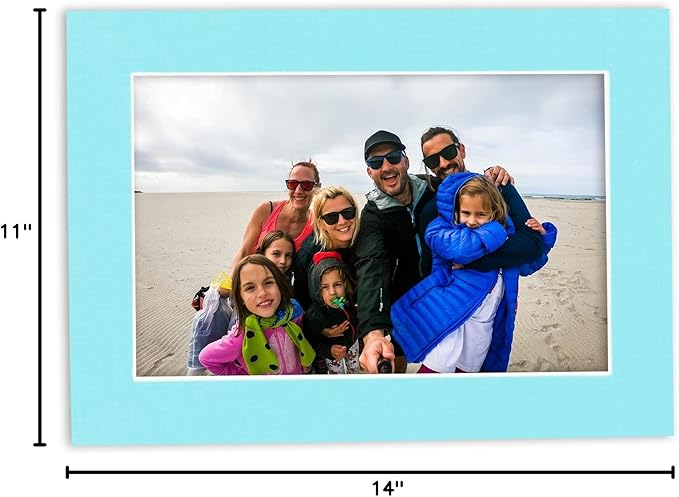 Pack of Ten Acid Free 11x14 Mats Bevel Cut for 8.5x11 Photos - Aquamarine Blue Precut Matboards With Backing Boards and Self Seal Photo Mat Bags For Pictures, Photos, Framing - 4-ply Thickness