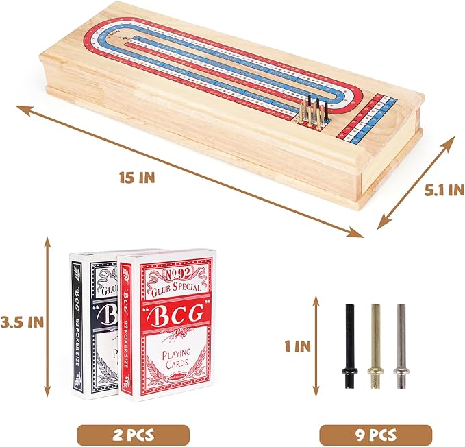 Wooden Cribbage Board Game Set with Storage Drawer & Metal Pegs β Premium 3-Track Cribbage Board with Cards, Portable Travel Strategy Game for Adults, Kids & Family Game Night