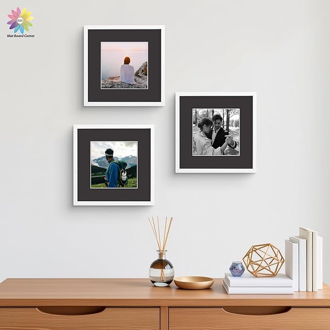 Mat Board Center, Pack of 10, 12x12 for 8x8 Black Mat Kit - Acid Free, 4-ply Thickness, White Core - Includes Backing Boards and Clear Bags - for Pictures, Photos, Framing