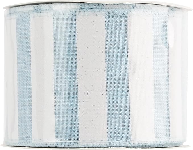 MEEDEE Blue White Stripe Ribbon 2.5 Inch Light Blue Wired Ribbon for Baby Boy Wreath, Baby Shower Elephant Wreath Diaper Cake Supplies, 10 Yards