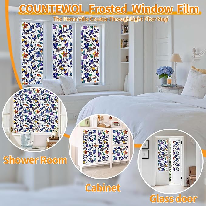 Window Privacy Film Stain Glass Window Film Rainbow Window Film Window clings Non-Adhesive Reusable Decorative for Room (Frosted Stained Leaf, 23.6 x 78.7 in)