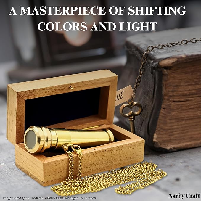 Brass Kaleidoscope with Wooden Box | Handcrafted Vintage Kaleidoscope with Optical Glass Lens & Wooden Storage Box ā Collectible Gift for Kids & Adults (Golden/Brass, Small)