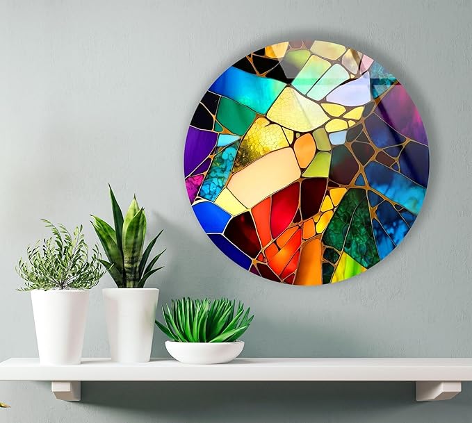 My Photostation.com 39,4''(100cm) Diameter Multicolor Round Stained Glass Wall Art Vibrant Mosaic Abstract Panel Tempered Glass Printing Wall Decor Large Wall Art Wall Hangings