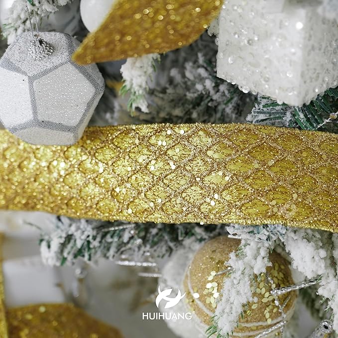 HUIHUANG Gold Glitter Wired Ribbon for Christmas Tree 2.5 inch Gold Diamond Mesh Ribbon for Tree Decoration, Wreaths, Garland, Gift Wrapping, Large Bows Making, Home Decor -10 Yards