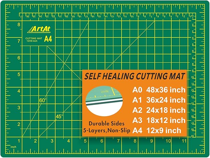 ArtAt Self Healing Cutting Mat: 9"x12" Non-Slip PVC Double Sided 5-Ply A4 Art Craft Rotating Mat, Rotary Cutting Mat for Quilting, Sewing Crafts Hobby Fabric Precision Scrapbooking Project Green