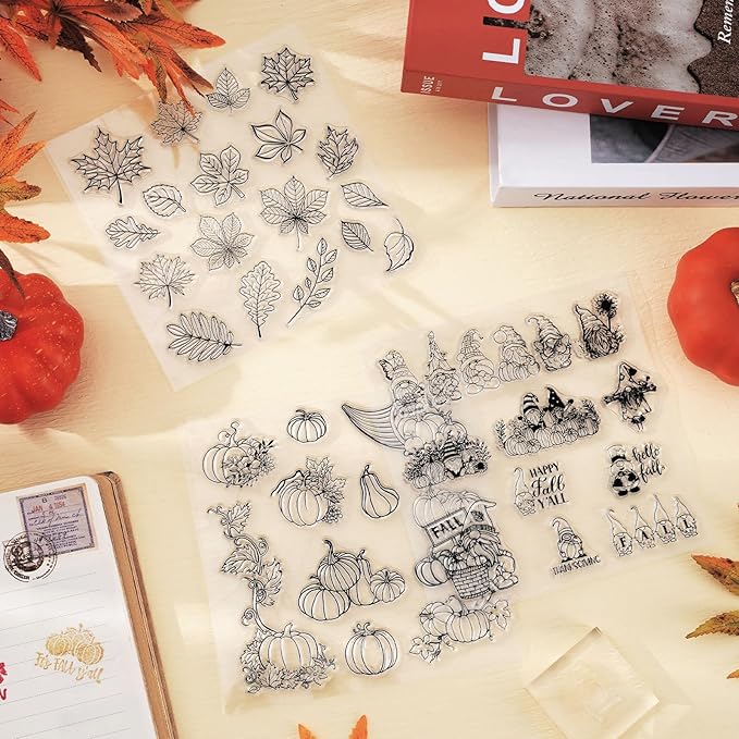 Whaline 5 Sheet Fall Thanksgiving Clear Stamps Autumn Leaves Pumpkin Gnome Silicone Transparent Stamps Happy Fall Border Stamp Cards for DIY Craft Card Making Scrapbooking Embossing Album Decor