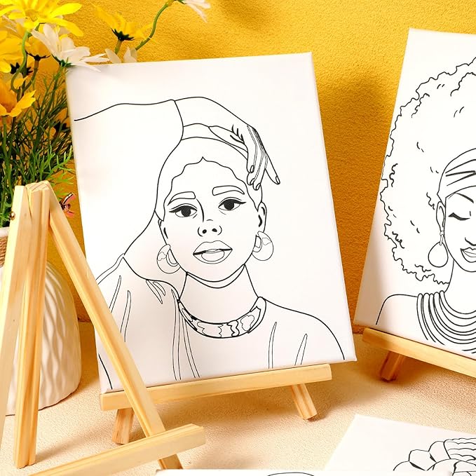 Zhanmai 12 Pack Pre Drawn Canvas for Painting Sip and Paint Kit 8" x 10" Paint Party Set Canvas Painting Pre Printed Canvases for Party Favor DIY Virtual Adult's Date Night(Afro Queen)