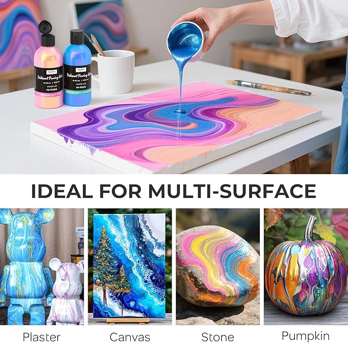 Nicpro 8 Colors Iridescent Metallic Acrylic Pour Paint Supplies Kit, 8.45oz Large Ready to Pour Premixed High Flow Pouring Paint Set with Silicone Pouring Oil, Gloves, Instructions for Beginner DIY