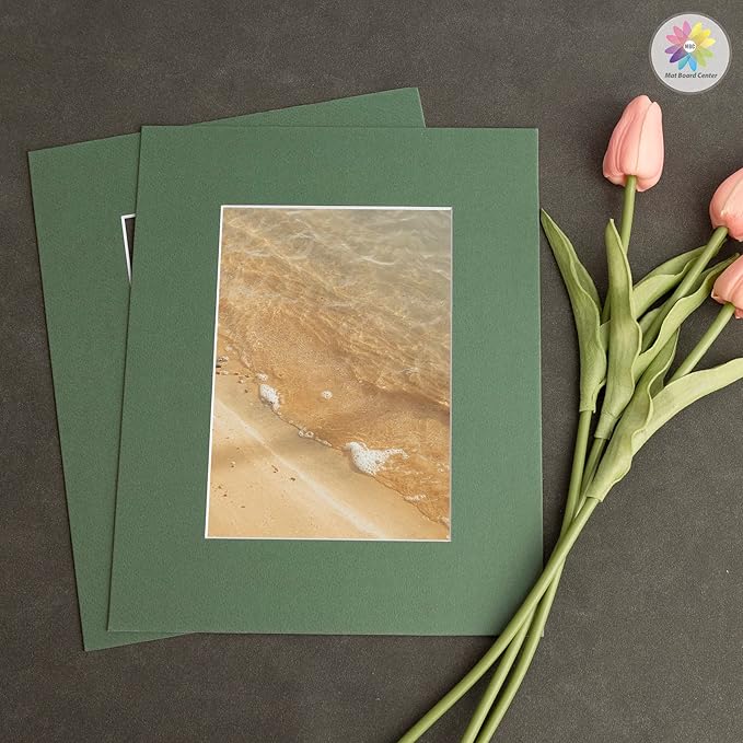 Mat Board Center, Pack of 10, 8x10 for 5x7 Basque Green Color Mats - Bevel Cut, Acid Free, 4-ply Thickness, White Core - for Pictures, Photos, Framing