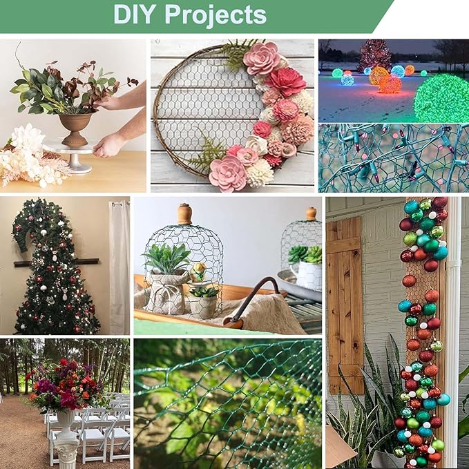 Chicken Wire for Floral Arrangements, 15.7 x 157 Inches Green Mesh, 0.6 Inch Hexagonal Galvanized PVC Coated Netting Fence for Crafts, Poultry, Garden