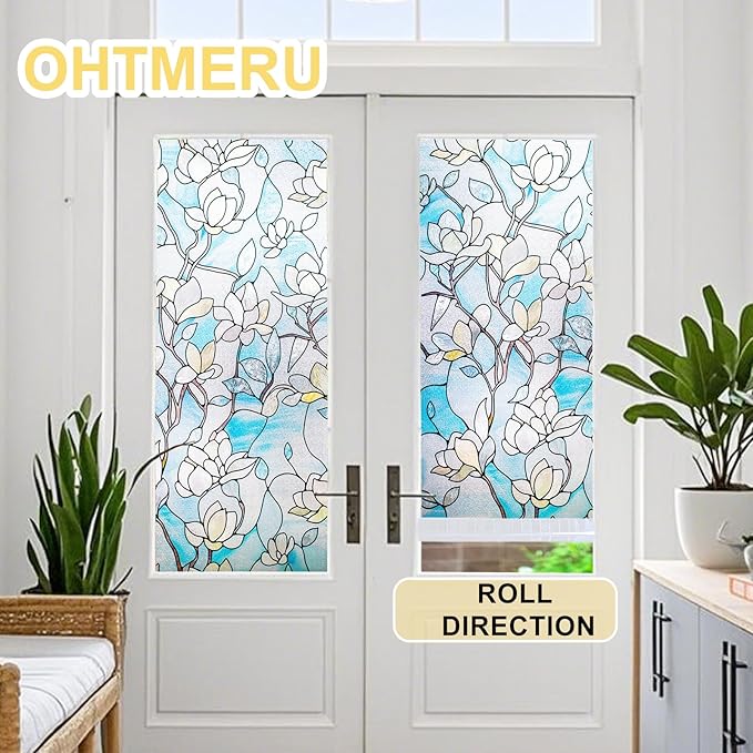 3D Stained Glass Window Privacy Film, Heat Control UV Blocking Static Cling Decorative Window Film for Bathroom,Front Door,Home Non Adhesive,23.6 x 39.3 inches Magnolia