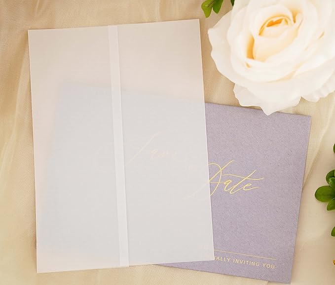 Puremigo 60 Pack Luxury Pre-Folded Vellum Jackets for 5x7 Invitations - Vellum Paper 5x7 Jackets - 115GSM Wedding Invitations Wraps - Transparent