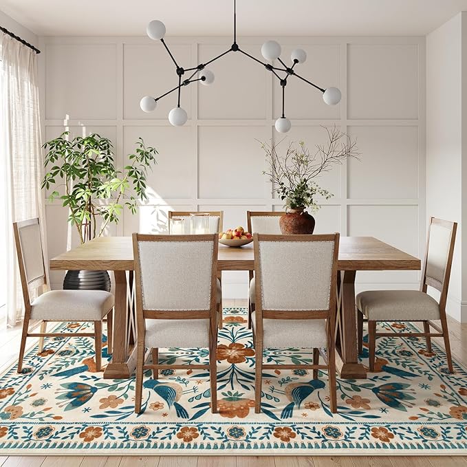 Morebes Washable Floral 8x10 Area Rugs for Living Room, Soft Insect Rug for Bedroom Non Slip, Ultra-Thin Distressed Birds Indoor Floor Throw Carpet for Classroom Playroom Farmhouse, Beige/Multi