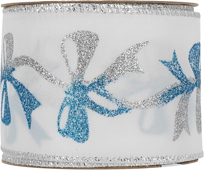 MEEDEE Blue & Silver Christmas Ribbon, 2.5 Inch Wired Satin Ribbon with Turquoise & Silver Glittery Bows, 10 Yards (30 Feet), Perfect for Tree, Garlands, Toppers & Bows
