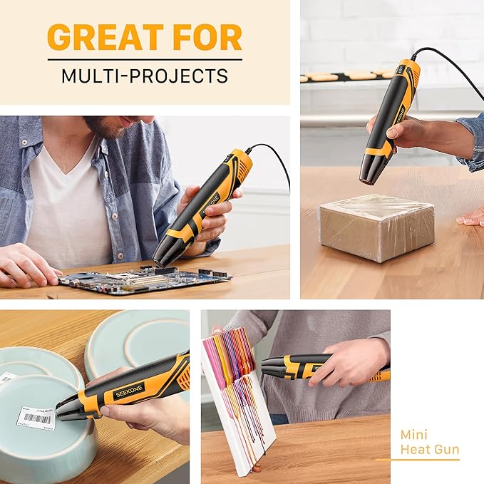 SEEKONE Mini Heat Gun, 350W 2-Temp Settings 500℉ & 842℉(260℃& 450℃) Fast Heat Hot Air Gun Tool with Reflector Nozzle and 4.9Ft Long Cable Overload Protection for Crafting, Vinyl Wrap and Shrink Tubing