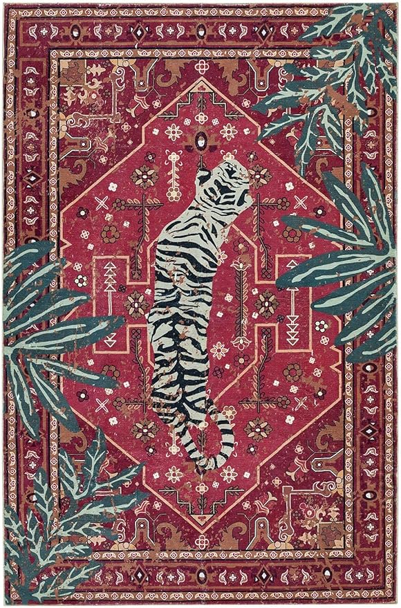 Tribal Rugs Summer Tropical 6x9 Area Rugs Wine Red Traditional Boho Vintage Oriental Rug Carpet for Bedroom Kitchen Dining Living Room Indoor Entryway Washable