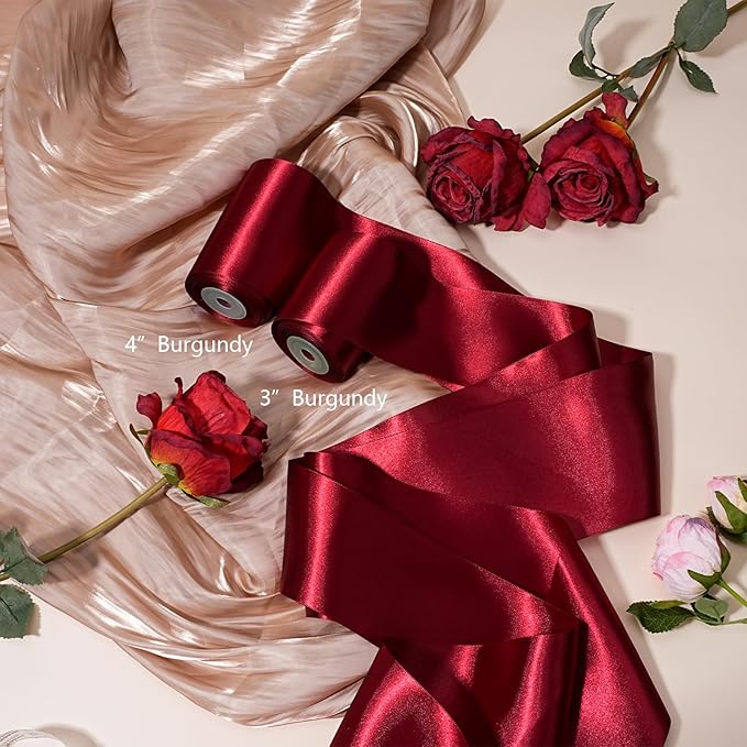 LaRibbons Red Satin Ribbon 3 Inch 10 Yards Christmas Ribbons Double Faced Luxury Burgundy Silk Ribbon for Gift Wrapping Flower Bouquets Bow Christmas Wedding Party Decoration