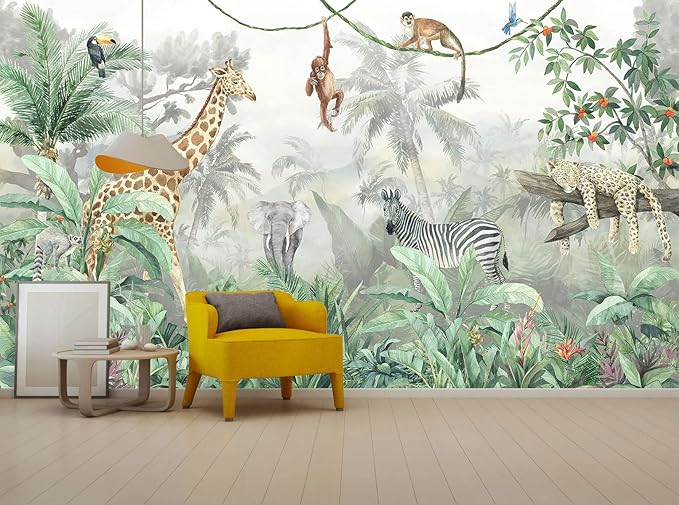 Kids Wallpaper Tropical Leves and Safari Animals Wall Mural for Wall Bedroom Living Room TV Background Sofa Wall(Not Peel and Stick)