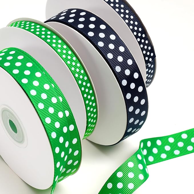 Polka Dot Grosgrain Ribbon 5/8 Inch, 25 Yards Spool Green and White Polka Dot Ribbon for Christmas Gift Wrapping DIY Crafts Hair Bows Wedding Party Decor Sewing and Home Decoration