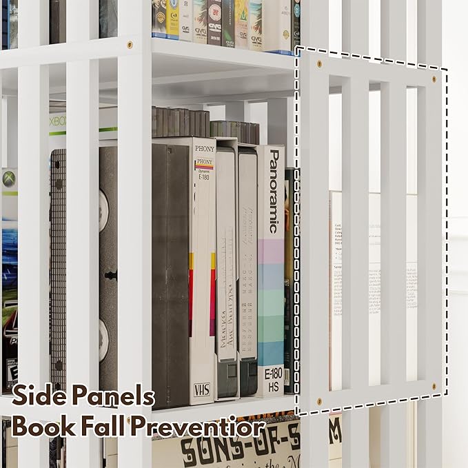 XIMN 360° Rotating Bamboo CD/DVD Shelf - 6-Tier Space-Saving Media Storage Cabinet for Movies, Organizer with Super Compact Design (White, 4 Tier)