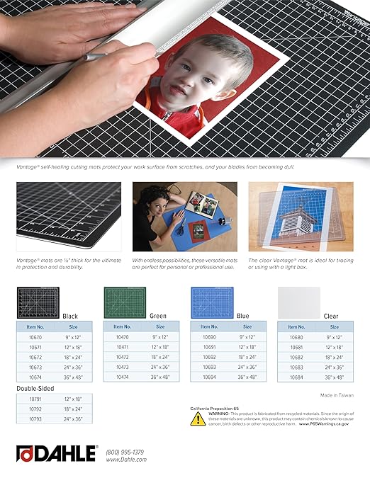 Dahle Vantage 10473 Premium Self-Healing Cutting Mat, 24"x36", 1/2" Grid, 5 Layers for Max Healing, Perfect for Crafts & Sewing, Green