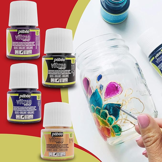 Pebeo Vitrea 160 Glass Paint - Transparent Colour Glossy and Brilliant - Made in France - DIY Craft Paint for Stained Glass and More - Set of 8 Colors Bundled Application Brushes