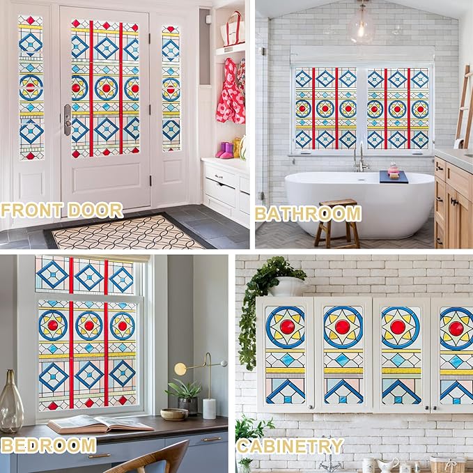 3D Stained Glass Window Privacy Film, Heat Control UV Blocking Static Cling Decorative Window Film for Bathroom,Front Door,Home Non Adhesive,23.6 x 35.4 inches Radiance