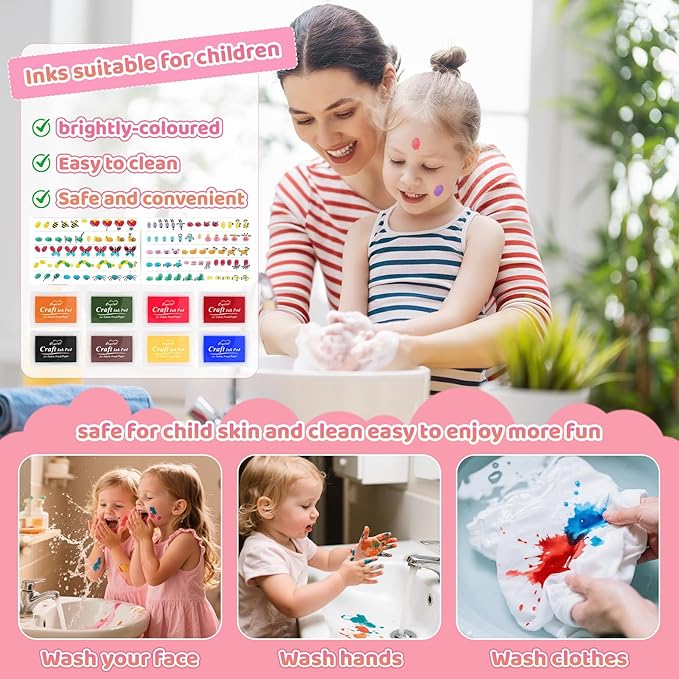 HAFFUZI Washable Stamp Pads for Kids, Ink Pads for Rubber Stamps, 8 Color Non-Toxic Craft Ink for Paper Fabric Wood, Journaling Scrapbooking Handprint Art