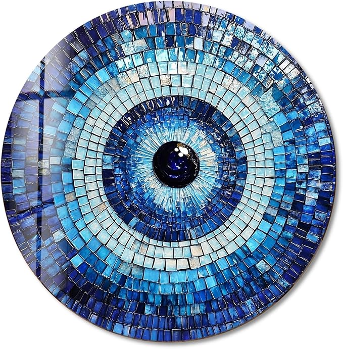 My Photostation.com 15.8''(40cm) Diameter Blue Mosaic Evil Eye Round Glass Wall Art Tempered Glass Printing Wall Decor Large Wall Art Wall Hangings