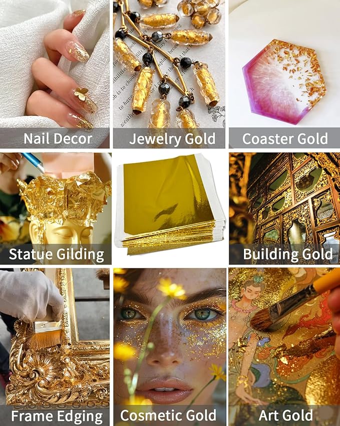 Luckymica Gold Leaf Sheets, 100 Pcs Adequate Gold Foil Sheets for Arts, Crafts, Decoration, Gilding, Paints, DIY, 5.5" x 5.5"