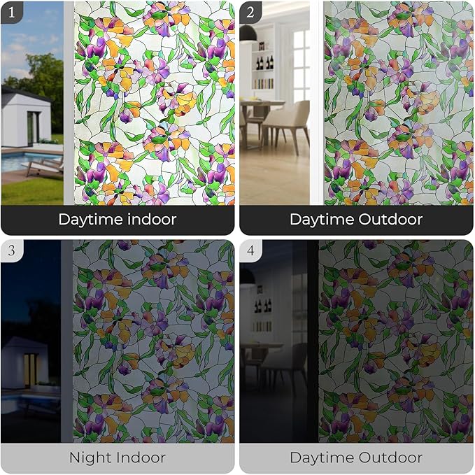 3D Stained Glass Window Film, Decorative Window Privacy Film for Bathroom,Front Door,Home, Sun Blocking Heat Control,Static Cling, Viola Tricolor 23.6inch x 35.4inch