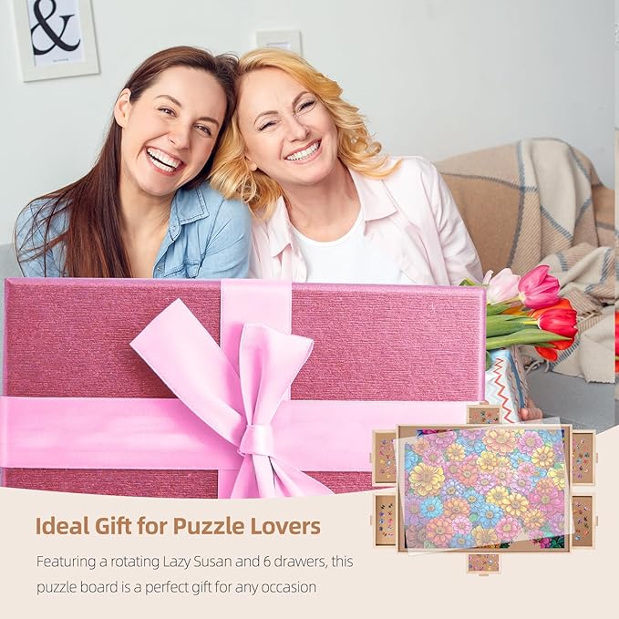 1000 Pieces Rotating Puzzle Board with 6 Drawers, Lazy Susan & Transparent Cover, 30.2"x22.4" Portable Wooden Jigsaw Puzzle Board , Great Gift for for Puzzle Enthusiasts