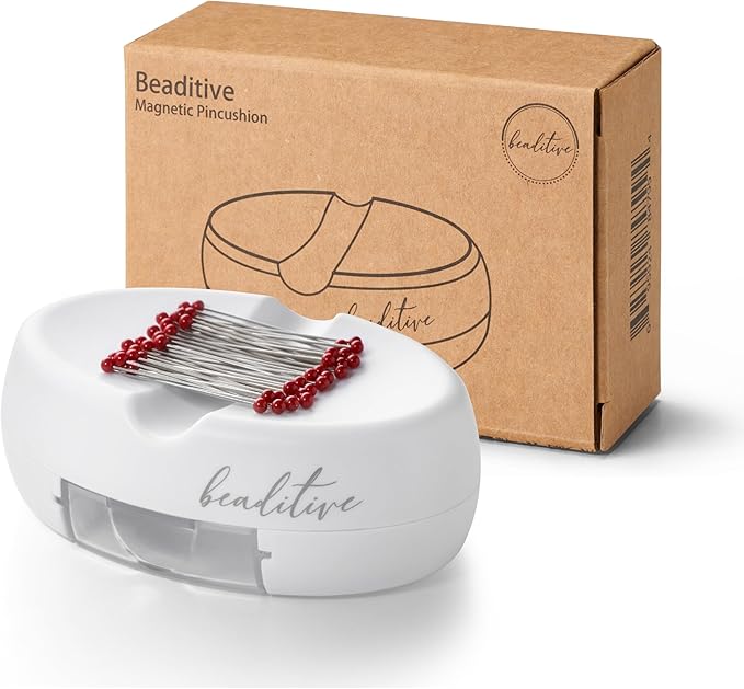 Beaditive Magnetic Pin Cushion with Drawer - Strong Magnet Pin Holder Cushions for Sewing - 50 Glass Head Quilting Pins Included - Chic Pincushion Caddy for Sewing Pins, Paper Clips, Screws โ White
