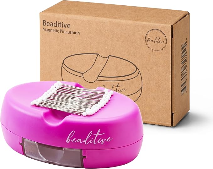 Beaditive Magnetic Pin Cushion with Drawer - Strong Magnet Pin Holder Cushions for Sewing - 50 Glass Head Quilting Pins Included - Chic Pincushion Caddy for Sewing Pins, Paper Clips, Screws โ Fuchsia
