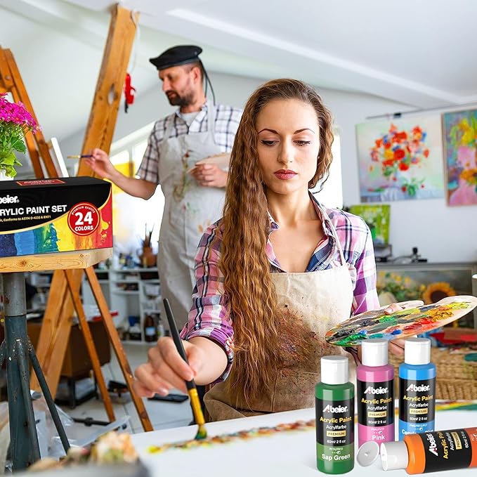 ABEIER Acrylic Paint Set, 24 Colors (60ml/2oz) with 12Paint Brushes, Non-Toxic, Waterproof, Strong Coverage for Kids Adults Beginners Students, Painting on Canvas Stone Wood Fabric Rocks Ceramic