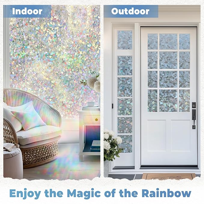 DOWELL Window Privacy Film Rainbow Film, Stained Glass Decorative Sticker, Static Cling Non-Adhesive Glass Clings, Sun Blocking Heat Control Window Coverings for Home Door, 17.5" x 78.7"