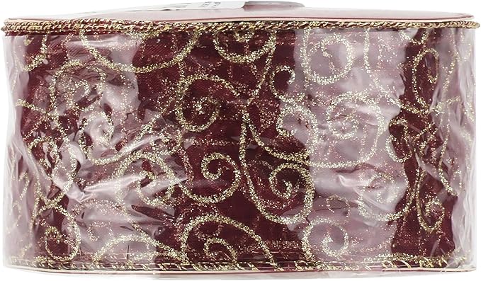 MEEDEE Red Gold Swirl Wired Ribbon 2.5 Inch Dark Red Sheer Ribbon with Gold Swirl Glitter Wired Ribbon Organza Sheer Ribbon 25 Yards Burgundy Sheer Christmas Ribbon for Christmas Tree, Wreath Bow