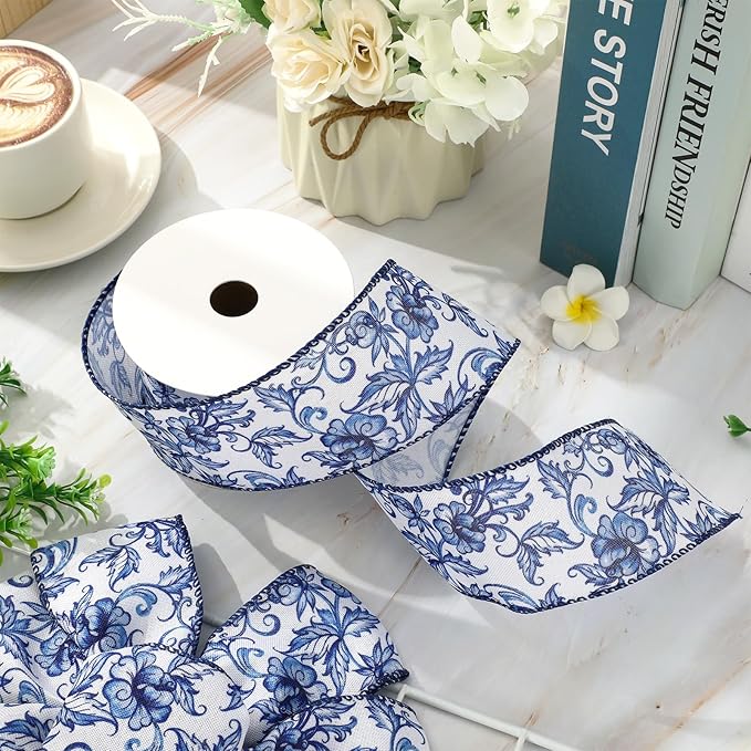 Blue White Floral Wired Edge Ribbon Roll Vintage Watercolor Flower Craft Ribbon Chinoiserie Fabric Ribbon for Wreath Bow Making DIY Craft Wrapping Party Supplies, 12 Yard