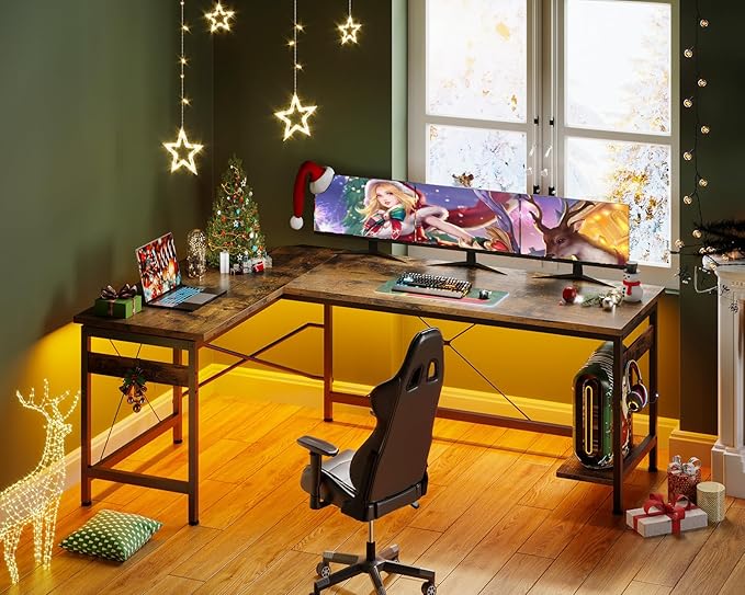 Coleshome 66" L Shaped Larger Gaming Desk, Corner Computer Desk, Sturdy Home Office Computer Table, Writing Workstation, Vintage