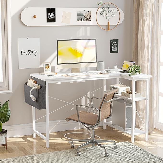 TIQLAB L Shaped Computer Desk with Power Outlets, 55 Inch Small Corner Desk with Reversible Shelves, Gaming Desk Computer Table Study Writing Desk for Home Office Small Space, White