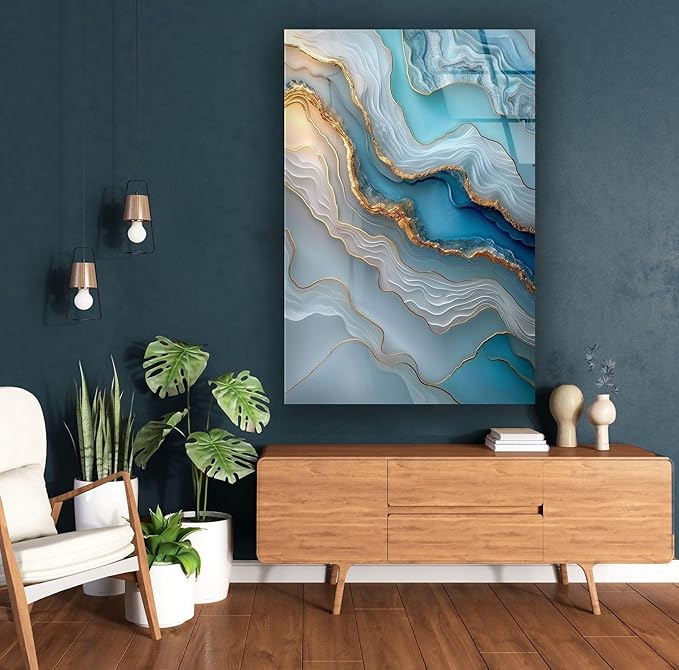 My Photostation.com 40WX60H'' Turquoise and Blue Alcohol ink Glass Wall Art Tempered Glass Printing Wall Decor Large Wall Art Wall Hangings