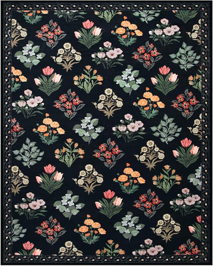Wonnitar Floral Print 8x10 Washable Rug, Non Slip Black Dining Room Rug, Moroccan Large Stain Resistant Low Pile Indoor Carpet for Bedroom Playroom Home Decor, Black/Multi