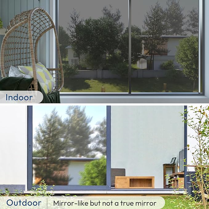 rabbitgoo Window Privacy Film One Way Window Tint for Home, Removable Reflective Heat Sun Blocking Anti UV Glass Door Covering, Mirror Tinting Film House Office, 17.5 in X 6.5 Feet, Black Silver