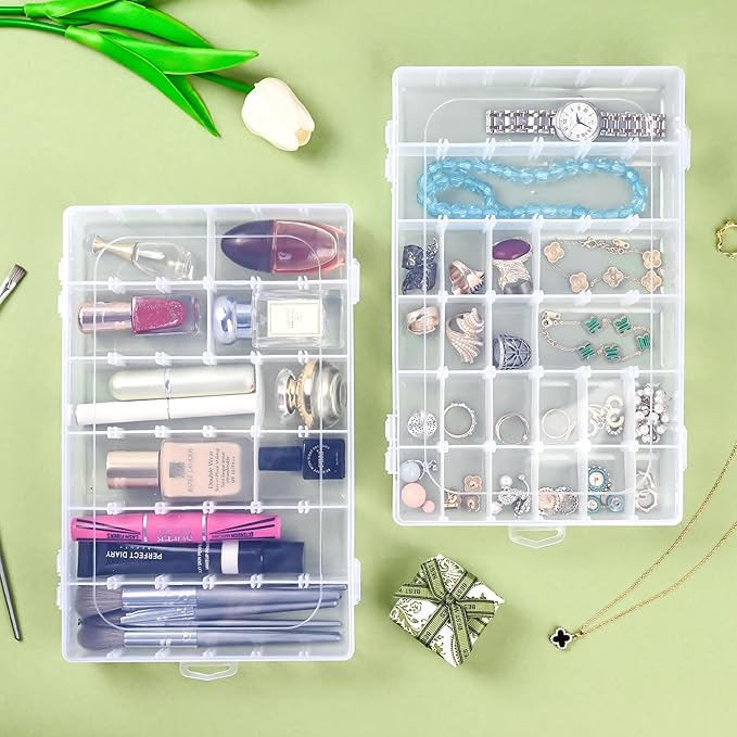Plastic Organizer Container Box,36 Large Grids Clear Plastic Organizer Boxes with Adjustable Dividers Craft Organizers Box for Bead,Jewelry,DIY Crafts,Art,Small Items Storage (Clear-2pack-72 Grids)